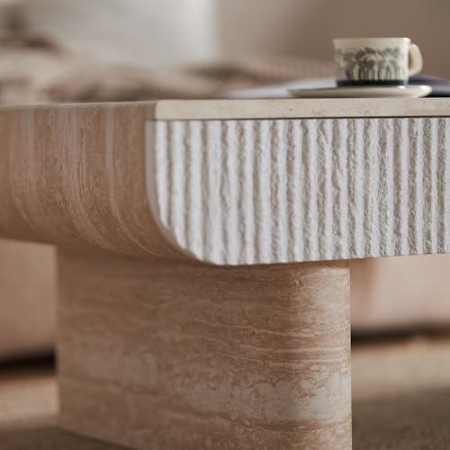 46.85" Coffee Table with Faux Marble Tabletop & Fluted Drawer for Living Room, Modern Rectangular Wooden Centre Table Tea Table for Apartment, Mars Pattern - color: 46.85" Coffee Table With Faux Marble Tabletop,beige