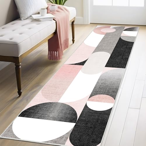 Pink Runner Rug 2x8 Long Modern Washable Rug Runners for Hallway | Rugs for Bedroom Entryway Bathroom Kitchen,Non Slip Floor Carpet,Blush Grey Black - color: Geometric Pink, size: 2'x8'