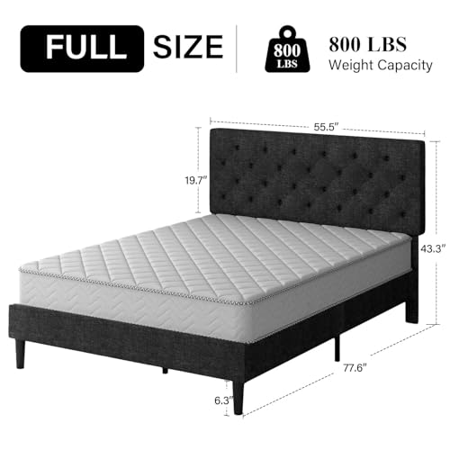 HOMBCK Full Size Bed Frame with Headboard, Linen Fabric Upholstered Bed, Grey Bed Frame with Wood Slats, Button Tufted, No Box Spring Needed, Dark Grey - color: Dark Grey, size: Full