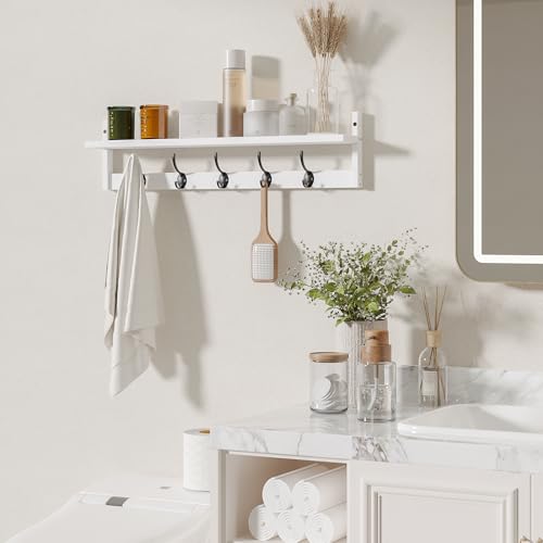 BAMEOS Wall-Mounted Wood Shelf with 5 Dual Hooks for Bathroom, Living Room, Bedroom (White-with Shelf) - style: White-28.9IN with shelf