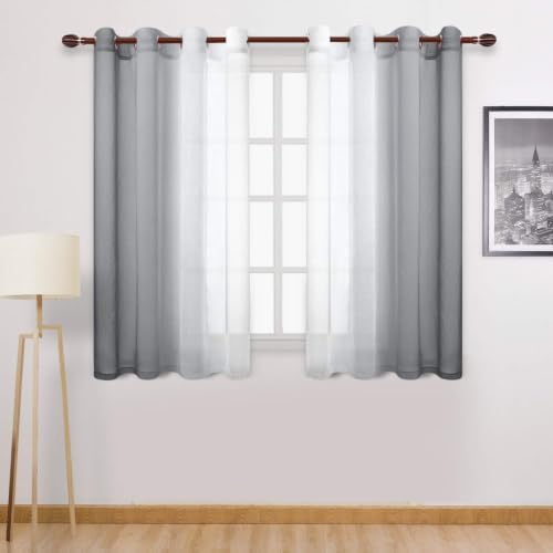 DWCN Grey Ombre Short Sheer Curtains - Faux Linen Semi Voile Gradient Light-Filtering Bedroom and Living Room Curtains, Set of 2 Grommet Top Window Drape Panels, 52 x 45 Inch Length - color: Grey, size: 52"W x 45"L (Pack of 2)