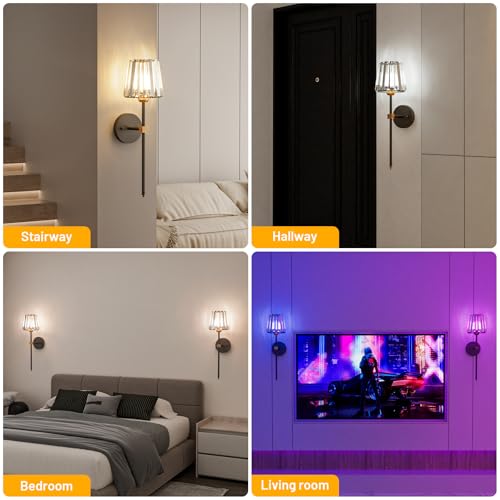 Crystal Battery Operated Wall Sconces Set of 2, Black and Gold Rechargeable Wireless Wall Lights with Crystal Lampshade, 12 RGB and 3CCT Dimmable Wall Lamps with Remote for Bedroom Living Room Hallway - color: Black and Gold