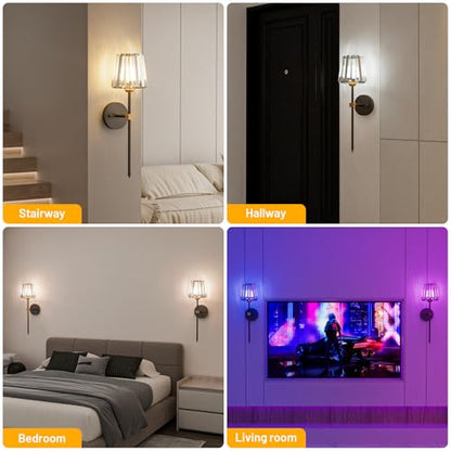 Crystal Battery Operated Wall Sconces Set of 2, Black and Gold Rechargeable Wireless Wall Lights with Crystal Lampshade, 12 RGB and 3CCT Dimmable Wall Lamps with Remote for Bedroom Living Room Hallway - color: Black and Gold