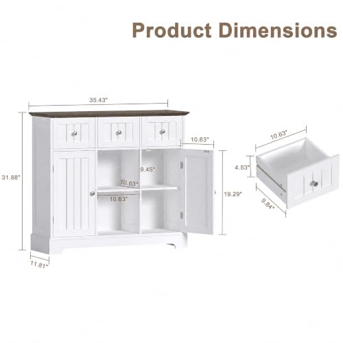ChooChoo 35.4" Coffee Bar Cabinet with 3 Drawers and 2 Doors, White & Brown | Buffet Cabinet with Adjustable Shelves, Storage Cabinet for Compact Kitchens, Dining rooms and Living rooms - color: White & Brown