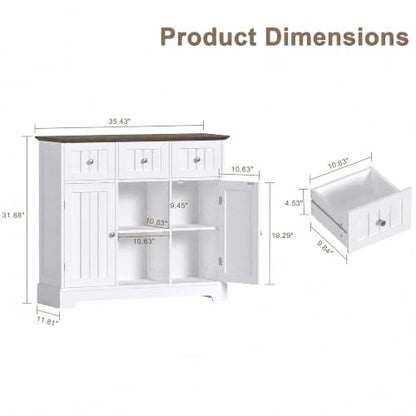 ChooChoo 35.4" Coffee Bar Cabinet with 3 Drawers and 2 Doors, White & Brown | Buffet Cabinet with Adjustable Shelves, Storage Cabinet for Compact Kitchens, Dining rooms and Living rooms - color: White & Brown