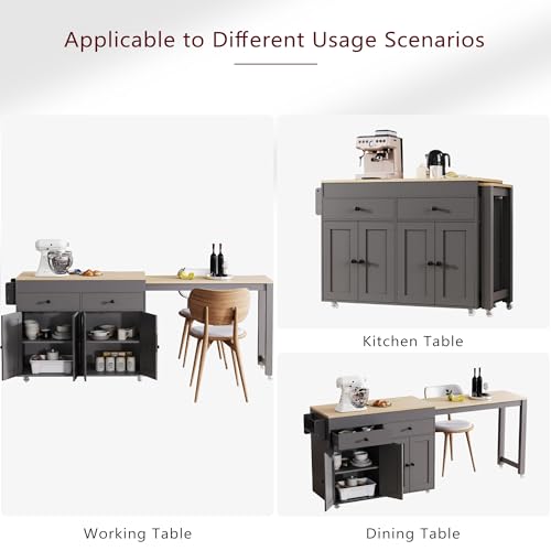 74" Extendable Rolling Kitchen Island, Portable Kitchen Island, Kitchen Island on Wheels with Lockable Casters for Kitchen Dining Spaces, Grey