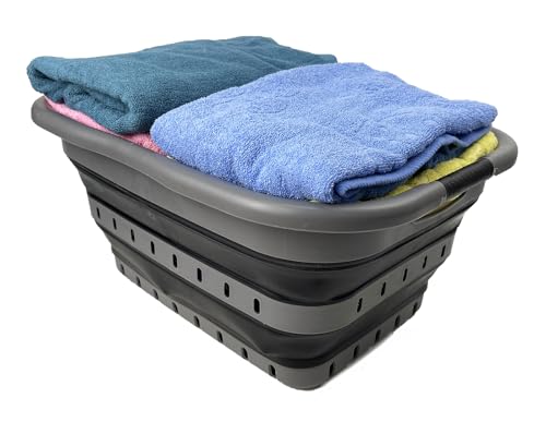SAMMART Collapsible 3 Handled Plastic Laundry Basket - Foldable Pop Up Storage Container/Organizer - Portable Basket - Space Saving Hamper/Basket (Grey/Black, 3 handled rectangular) - color: Grey/Black