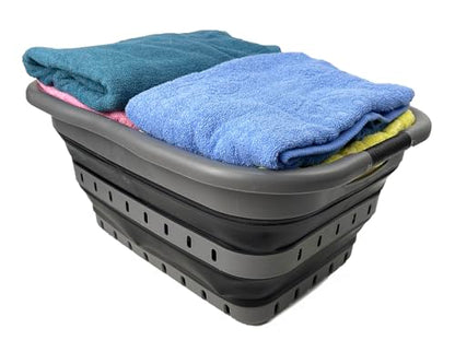 SAMMART Collapsible 3 Handled Plastic Laundry Basket - Foldable Pop Up Storage Container/Organizer - Portable Basket - Space Saving Hamper/Basket (Grey/Black, 3 handled rectangular) - color: Grey/Black