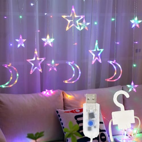 12pcs Moon Star 138 LEDs Curtain Light, with Remote Control 8 Light Mode Timing USB Powered,Fairy Lights Curtain Perfect for Ramadan Eid Festive Decorations (Multi-Colored) - color: Multicolor