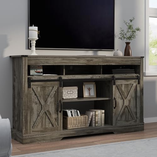RoyalCraft Farmhouse TV Stand for 23" Electric Fireplace, 34'' Tall Entertainment Center for 65+ Inch TV, 34" Tall Rustic TV Console with Sliding Bar Door for Living Room (Light Grey) - color: Light Grey1, style: Without Fireplace