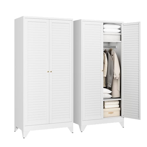 Armoire Wardrobe Closet,20" Deep Metal Wardrobe Cabinet with Doors and Shelves,Hanging Rod Clothing Storage Cabinets for Home Room (White) - color: White, size: 20"D x 32"W x 71"H