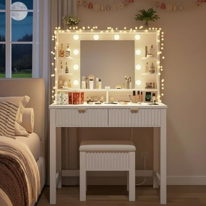 Homkdom Vanity Desk with Mirror and Lights, Makeup Vanity with 2 Large Drawers & Charging Station, Dressing Table Set with Storage Stool, 3 Color Modes Adjustable, Suitable for Small Space, White - style: White