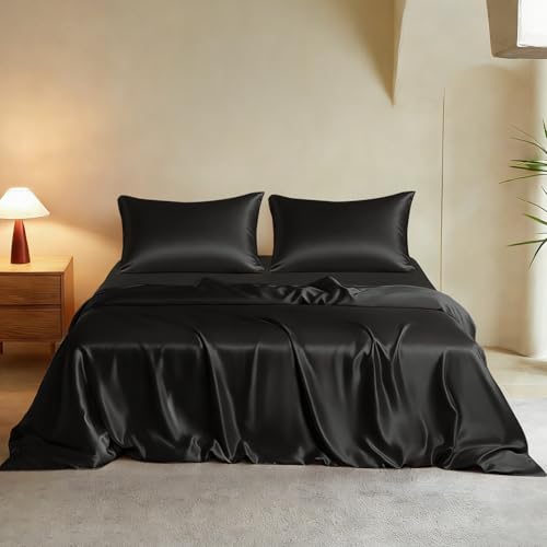 THXSILK Luxury Full Silk Duvet Cover Set 3 Pieces, Extra Soft, Breathable & Cooling Bedding Set, Machine Washable & Durable, 1 Duvet Cover & 2 Pillowcases with Zipper Closure(Black) - color: Black, size: Full (3 pcs)