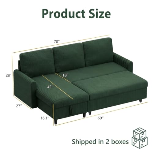 Shintenchi 70'' Sleeper Sofa Bed with Storage, Convertible Pull Out Couch Futon for Living Room, Apartment, Corduroy Fabric L Shaped Sectional Sofa Pull-Out Bed, Green - color: Green