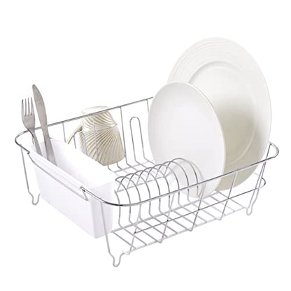 Sweet Home Collection Metal 2 Piece Dish Drying Rack Set Drainer with Utensil Holder Simple Easy to Use Fits in Most Sinks, 14.5" x 13" x 5.25", White - color: White