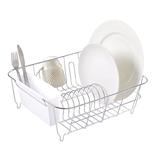 Sweet Home Collection Metal 2 Piece Dish Drying Rack Set Drainer with Utensil Holder Simple Easy to Use Fits in Most Sinks, 14.5" x 13" x 5.25", White - color: White