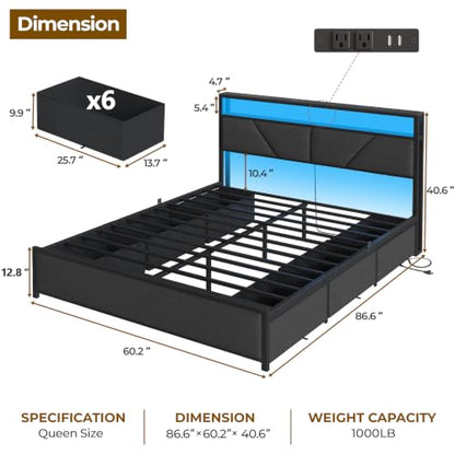 Queen Bed Frame with Storage Headboard, 6 Drawers, LED & Charging | 2-Tier Fabric Upholstered Headboard, Charging Station&RGB Lights, No Box Spring Needed, easy assembly, Noise-Free - color: Dark Gray, size: Queen