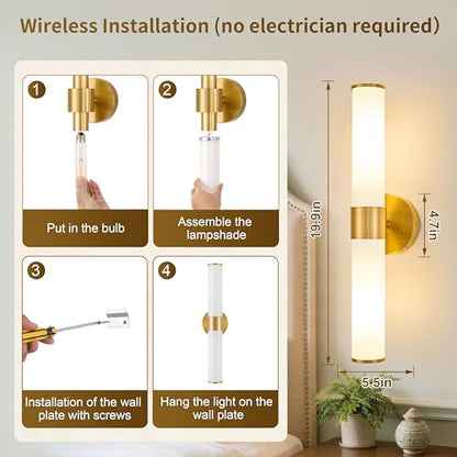 Morauroral Gold Battery Operated Wall Sconces Set of 2, Rechargeable Wall Lights with Remote Control, 20 Inch Modern Wireless Wall Lamp for Bedroom, Living Room (Bulbs Included) - color: Gold（White Glass）