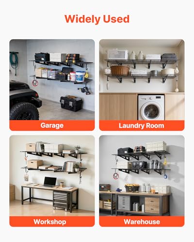 VEVOR 2-Pack Heavy Duty Garage Wall Shelving, 2 x 6 ft Steel Wall Mounted Shelving Unit with Hooks, 24 x 72 Inch Per Shelf Floating Storage Metal Rack, 1000 lbs Total Weight Capacity - size: 2×6 ft