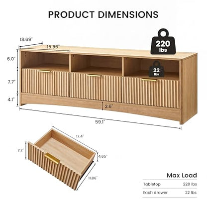 Amada 59" Wide Fluted Storage TV Stand for TVs up to 65", Natural | Elegant fluted wood panels, 3 drawers, 3 open shelves, cable holes, smooth metal slides, wide metal handles, rounded edges