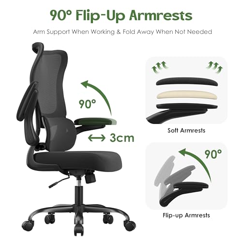 Office Chair Ergonomic Desk Chair - Comfy Mesh High Back Office Chair with Lumbar Support Wheel Home Desk Office Chairs Flip up Armrest Executive Rolling Swivel Task Computer Chair Black Silver - color: Black Silver