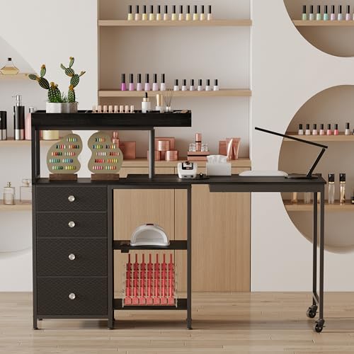 L-Shaped Manicure Table with Power Outlets,Nail Desk for Nail tech | Rotating Nail Workstation on Wheels with Charging Station,Nail Table with drawers & shelves for Home,Makeup Beauty Salon - color: Black