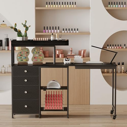 L-Shaped Manicure Table with Power Outlets,Nail Desk for Nail tech | Rotating Nail Workstation on Wheels with Charging Station,Nail Table with drawers & shelves for Home,Makeup Beauty Salon - color: Black