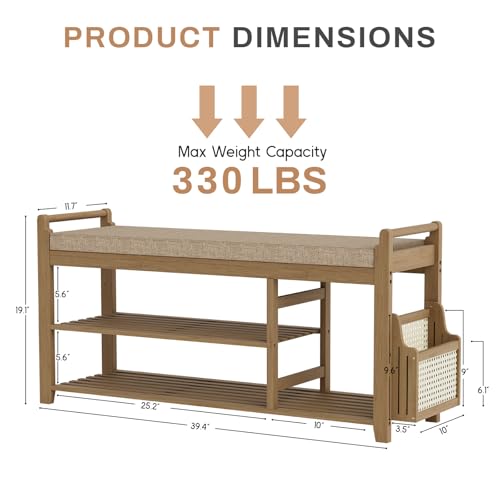 Homaxy 2-Tier Shoe Rack Bench, 39.4 in, Walnut and Light Brown | Bamboo Entryway Bench, with Side Holder, Shoe Rack Organizer with Cushion for Front Entrance, Hallway Living Room Bedroom - color: Walnut and Light Brown, size: 39.4 in