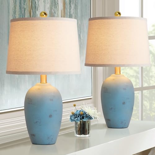 AIEAMPDO 21'' Set of 2 Coastal Small Ceramic Lamps for Bedroom | Traditional Nightstand Bedside Desk Table Lamp for Living Room Office Dorm, 2 Bulbs Included - color: Light Blue
