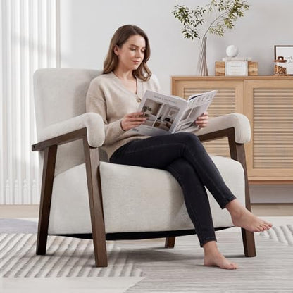 Bonzy Home Mid-Century Modern Accent Chair,Upholstered Armchair with Lumbar Cushion Padded Arms,Comfy Fabric Reading Chair with Stable Wooden Frame for Living Room & Bedroom,Beige - color: White, size: 1PCS