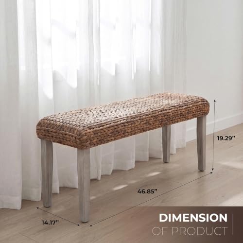 Solid Wood Acacia Indoor Bench, Natural Woven Water Hyacinth Seat, Grey Leg | Fishbone Style for Living Room or Entryway, Farmhouse Boho Coastal Bench - color: Fishbone - Grey Leg & Water Hyacinth