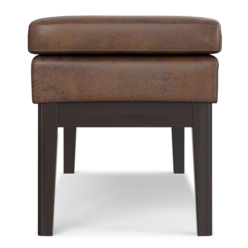 SIMPLIHOME Carlson 45" Wide Vegan Leather Rectangle Ottoman in Brown | Distressed chestnut brown, mid-century modern ottoman bench with a padded seat; footstool, footrest, or bedroom bench. - color: Distressed Chestnut Brown, style: Ottoman Bench