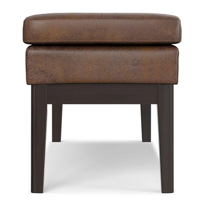 SIMPLIHOME Carlson 45" Wide Vegan Leather Rectangle Ottoman in Brown | Distressed chestnut brown, mid-century modern ottoman bench with a padded seat; footstool, footrest, or bedroom bench. - color: Distressed Chestnut Brown, style: Ottoman Bench