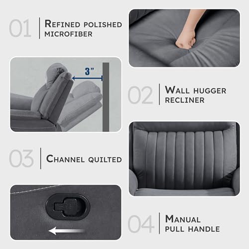 Lexicon Polished Microfiber Wall Hugger Manual Reclining Chair, Gray | 39.5"W Manual Recliner, Home Theater Seating for Living Room/Office/Apartment - color: Grey, size: Recliner