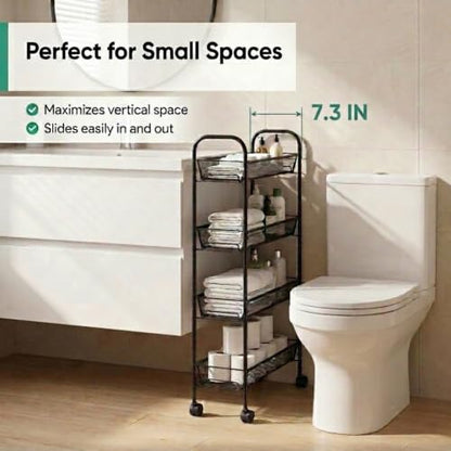 American Dream Black 4-Tier Mesh Basket Rolling Cart with Wheels Slim Metal Storage Organizer Trolley, 22.4" x 7.3" x 37.4"