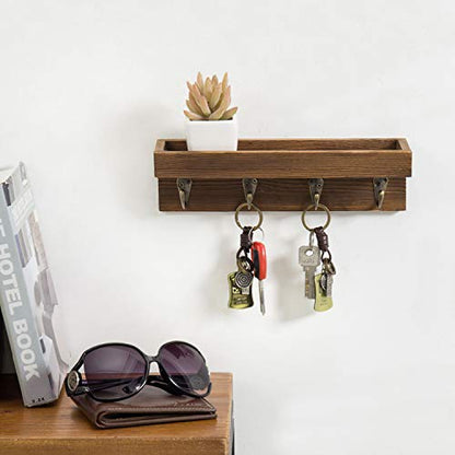 MyGift 10 Inch Brown Wood Wall Mounted Floating Shelf Key Rack with 4 Hooks | Four Metal Hooks, Space Saving Storage, Entryway Organization, Rustic Accent, Keys Mail Accessories Display - color: Dark Brown