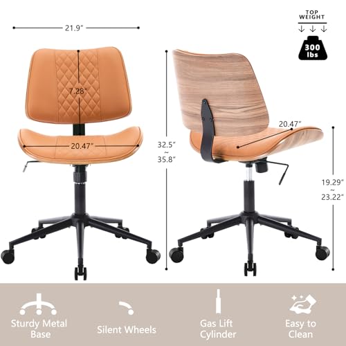 Home Office Chair No Arms with Wheels, Mid Back Walnut Style, Brown | Adjustable Height PU Leather Mid Back Support, 360 Swivel Computer Small Desk Seat, Armless Walnut Office Chair, 300LBS Cap - color: Brown, size: MCM Style