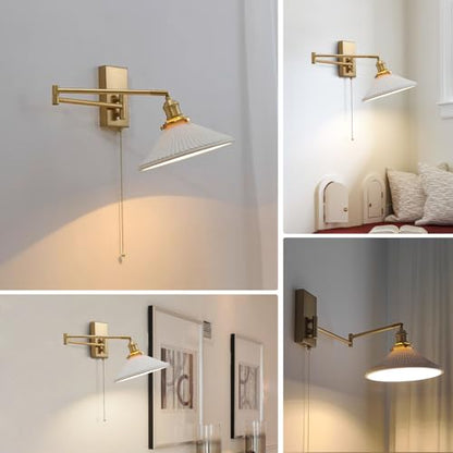 Milk Glass Wall Sconce, Brushed Gold Swing Arm Lamp with Pull Chain | with milk glass shade; 180° adjustable arm for bedroom reading and vanity lighting; E26 - color: A-1Pack