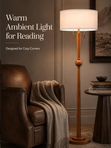 MOFFE Solid Wood Floor Lamp for Living Room,Pull Chains Standing Lamp | 62.8" Tall,17" White Drum Shade,Sculptural Wood Base & Stem,2-Light Design,Standing Lamp for Bedroom,2 Bulbs Included - color: Amber Walnut