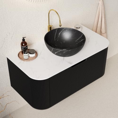 36" Floating Bathroom Vanity with Sink, Wall Mounted Plywood Cabinet, Black Fluted Front, Sintered Stone Countertop, Black Marble-Look Ceramic Bowl Vessel Sink, Soft-Close Drawer, Pre-Assembled - color: Black Cabinet / Black Marble Bowl Sink, size: 36 Inc