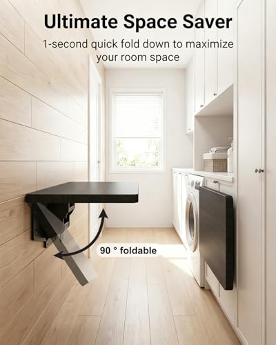Wall Mounted Folding Table, 15.7"x9.8" | Space Saving Floating Desk for Small Spaces, Laundry Room & Kitchen | Fold Down Wall Desk with Self-Locking Mechanism | Black