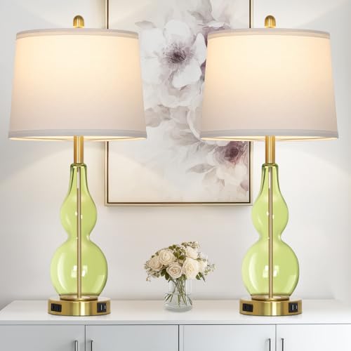 Rinweey 27.5" Green Glass Double Gourd Table Lamp Set of 2,3-Way Dimmable Touch Control Bedside Lamps with USB Ports and AC Outlet, Nautical Nightstand Lamps for Bedroom Living Room - color: Green