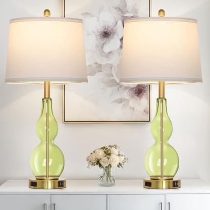 Rinweey 27.5" Green Glass Double Gourd Table Lamp Set of 2,3-Way Dimmable Touch Control Bedside Lamps with USB Ports and AC Outlet, Nautical Nightstand Lamps for Bedroom Living Room - color: Green