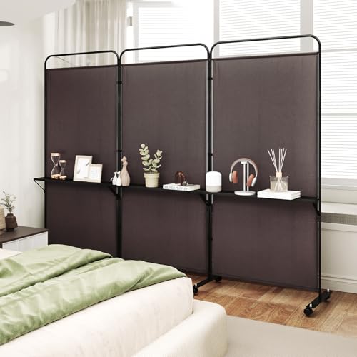 GOFLAME 3 Panel Room Divider with Storage Shelves, 6FT Folding Privacy Screen with Lockable Wheels, Portable Rolling Wall Divider, Freestanding Partition Screen for Room Separation, Brown - color: Brown