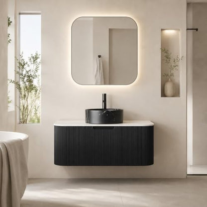 36" Floating Bathroom Vanity with Sink, Wall Mounted Plywood Cabinet, Black Fluted Front, Sintered Stone Countertop, Black Marble-Look Round Ceramic Vessel Sink, Soft-Close Drawer, Pre-Assembled - color: Black Cabinet / Black Marble Sink, size: 36 Inch