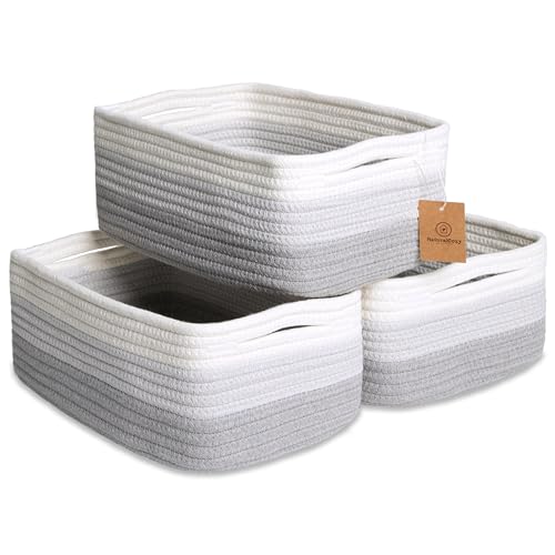 NaturalCozy 11.8"x8"x4.5” Rectangle Storage Baskets for Shelves 3 Pack | Cotton Rope Woven Small Baskets for Organizing | Small Storage Bins for Nursery, Bathroom, Closet, Shelf, Decorative, Gift - color: 3-Tone Gray, size: 11.8" x 8" x 4.5"