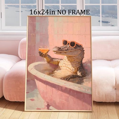Pink Sunglasses Wall Art Funky Animal Posters Aesthetic Cocktail Picture Animal Drinking Wall Art Funny Bathroom Animals Prints Crocodile Artwork Pink Bathtub Painting Bathroom Humor Poster Frameless - color: G2Unframed