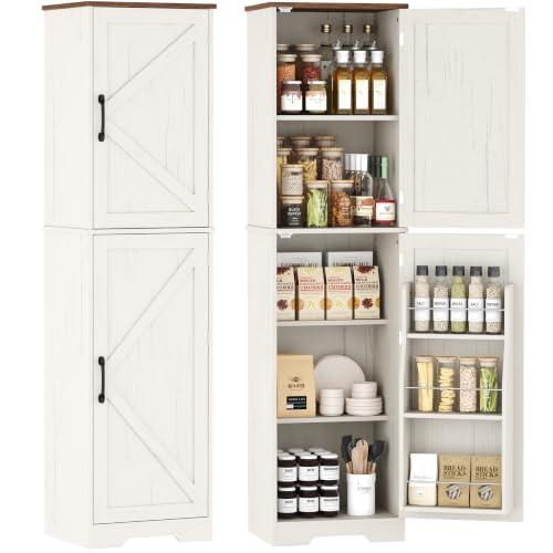 Function Home Farmhouse 주방 식료품 저장실 캐비닛, 162.6cm(64인치) 높이 슬림 욕실 보관 캐비닛, 헛간 문과 조절 가능한 선반이 있는 5단 나무 바닥 캐비닛, 다이닝 룸 거실용 앤티크 화이트 - color: 앤티크 화이트, size: 15.8"Wx11.81"Dx64"H