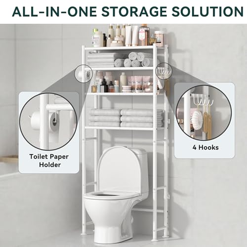 GloTika 4-Tier Over The Toilet Storage Shelves, White | 200lb Total Capacity, Metal Bathroom Organizer with 36" Clearance, Includes Paper Holder & 4 Hooks, Suit for Small Space - color: A-white