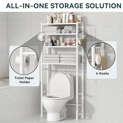 GloTika 4-Tier Over The Toilet Storage Shelves, White | 200lb Total Capacity, Metal Bathroom Organizer with 36" Clearance, Includes Paper Holder & 4 Hooks, Suit for Small Space - color: A-white